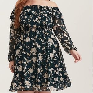Torrid green floral Mini Chiffon Off-Shoulder Dress size 1X